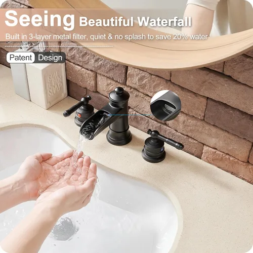 Miniatura 2 de Grifo de baño en cascada negro de amplio alcance, grifos de baño de latón para lavabo de 3 orificios, grifo de baño de 4-16 pulgadas, grifo de Negro