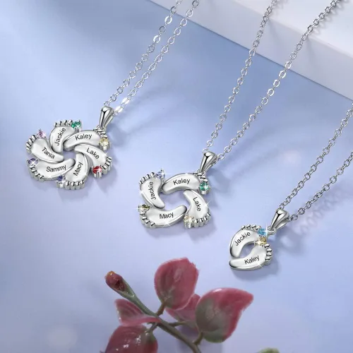Miniatura 7 de Collar personalizado con nombre de pies de bebé para madre y mamá con 1 a 6 nombres, piedras natales, collar con colgante de pies de bebé