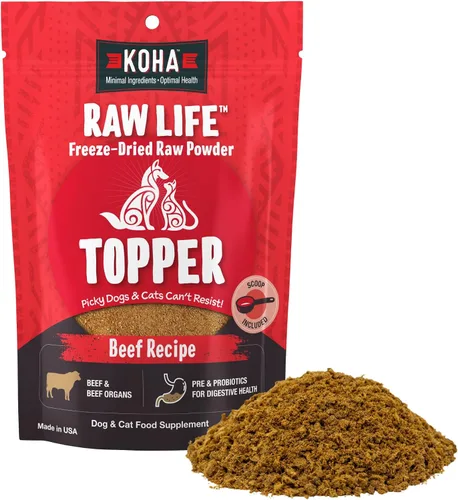 KOHA Raw Life - Carne de res cruda liofilizada para perros y gatos, con alto contenido de proteínas, para comensales quisquillosos con probióticos,