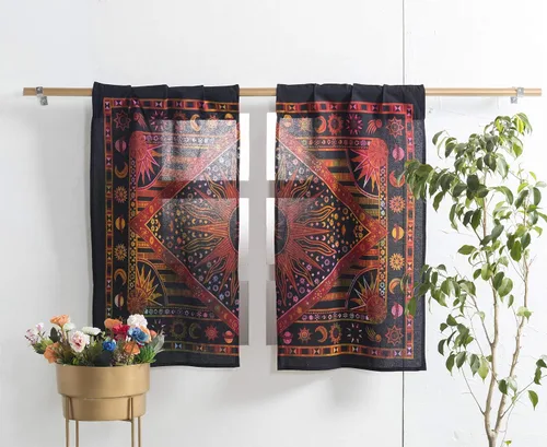 Miniatura 12 de Popular Handicrafts – Cortinas de ventana con diseño de mandala hippie indio, estilo bohemio, sol ardiente, luna gitana, hermosas cortinas