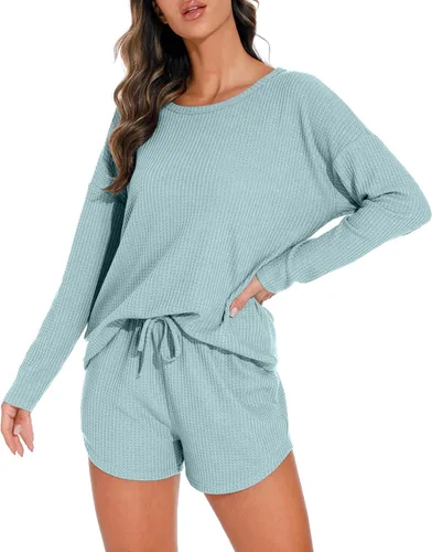 Miniatura 2 de PrinStory Conjunto de pijama para mujer, conjunto de 2 piezas de punto gofre, conjunto de ropa de descanso con bolsillos