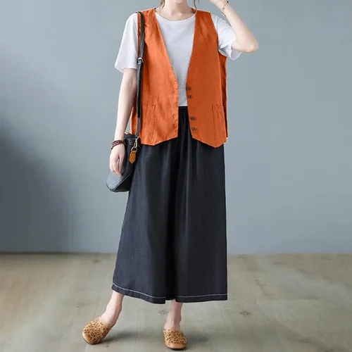 Miniatura 12 de COTECRAM Chaleco de lino de algodón para mujer, casual, sin mangas, con botones, ligero, para verano, holgado, ropa de abrigo