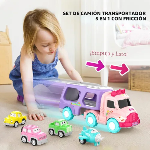 Miniatura 3 de LASCOTON - Juguetes para niñas de 1, 2 y 3 años, camión transportador 5 en 1 para niñas pequeñas, autos de juguete alimentados por fricción