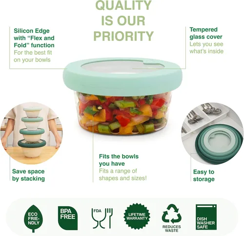 Miniatura 2 de Food Huggers Tapas de repuesto para recipientes de almacenamiento de vidrio, tapas de silicona y vidrio que no se agrietan, se adapta a la mayoría