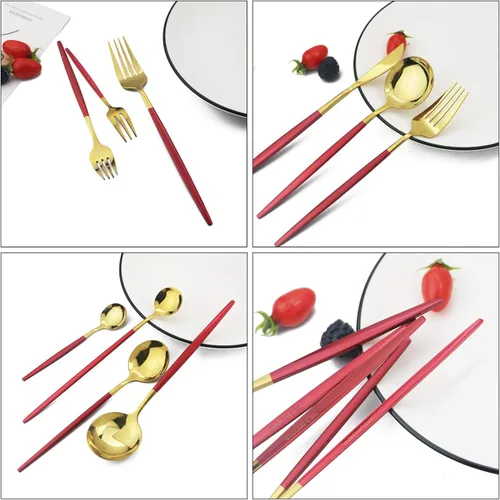 Miniatura 4 de JASHII Juego de cubiertos de 32 piezas con tenedor para tartas, mango largo, cubiertos de acero inoxidable para 4 juegos de vajilla de comer, aptos