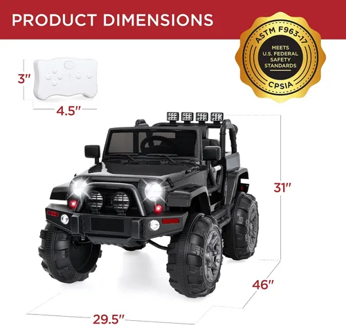Miniatura 7 de Best Choice Products, Camión Ride On Car con alimentación de 12 V a control remoto, 3 velocidades, Suspensión a espiral, luces de LED, negro