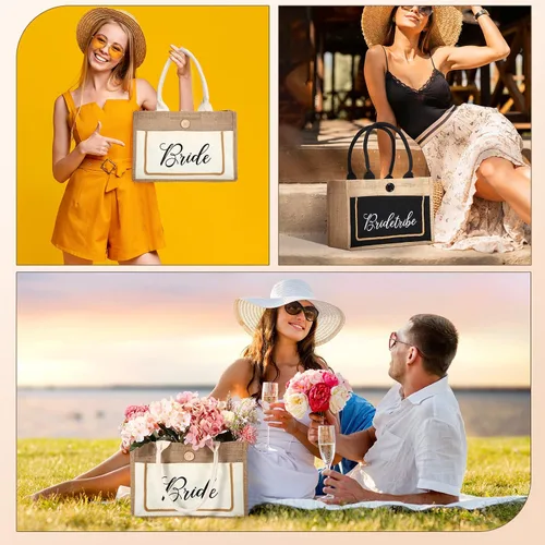 Miniatura 6 de Buryeah Paquete de 8 bolsas de mano para novia, tribu, regalo de boda, bolsa de arpillera nupcial con asas, bolsa de yute nupcial reutilizable