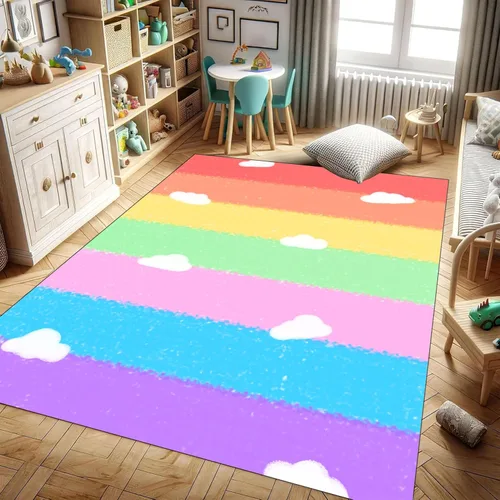 Miniatura 2 de Alfombras suaves de arco iris para dormitorio de niña, alfombras coloridas y peludas, alfombras de juego para niños, estampado de nube blanca, arco