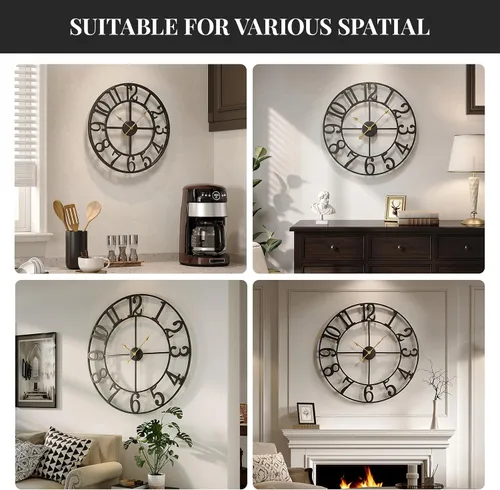 Miniatura 5 de Reloj de pared negro de 16 pulgadas decorativo, moderno reloj de metal para sala de estar, funciona con pilas, silencioso, sin tictac, números