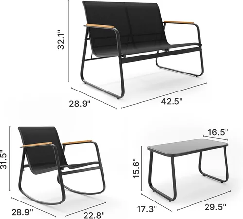 Miniatura 8 de Ahomly - Juego de 4 piezas de muebles de patio, juego de conversación para exteriores de Textilene con 2 sillas mecedoras y mesa de café con tapa