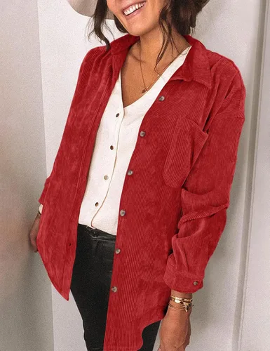 Miniatura 3 de Saslax Camisa de pana para mujer, de manga larga, con botones, cuello en V, holgada, chaqueta