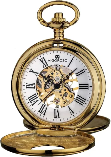 VIGOROSO Reloj de bolsillo para hombre con cadena mitad cazador doble cubierta esqueleto mecánico números romanos dorados en caja