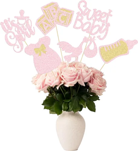 Miniatura 9 de Gyufise 12 piezas varillas para centro de mesa de baby shower con purpurina, atadura de un solo uso, corazón de amor, oh bebé, revelación de género