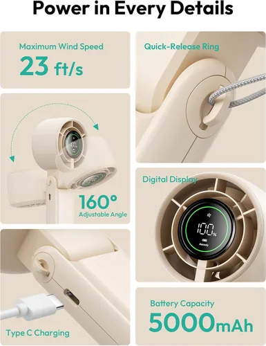Miniatura 6 de Aecooly Ventilador turbo portátil de mano, batería de 5000 mAh [tiempo de enfriamiento máximo de 22 horas] Mini ventilador recargable USB