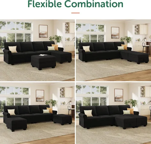 Miniatura 4 de HONBAY Sofá modular convertible con almacenamiento en forma de U con diván reversible para sala de estar, negro medio negro (Mid Black)