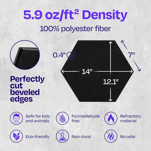 Miniatura 6 de Paneles insonorizantes de alta densidad para pared, forma hexagonal, paquete de 12 unidades de 14" x 12.1" x 0.4", color negro intenso Negro profundo