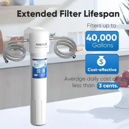 Miniatura 4 de PUREPLUS Filtro de agua para debajo del fregadero, capacidad de 40,000 galones, 99.99% de reducción de cloro, certificado NSF/ANSI 42, elimina