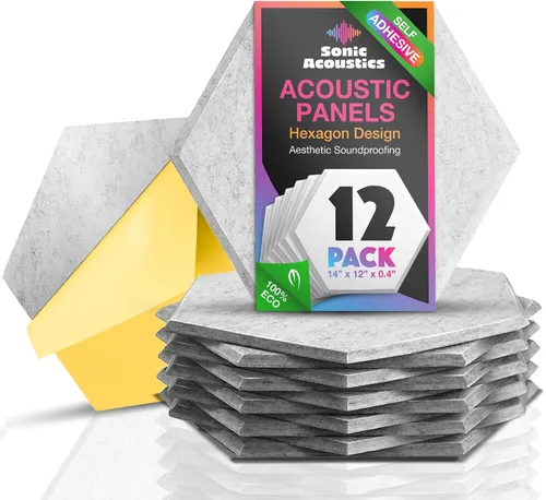 Sonic Acoustics Paquete de 12 paneles acústicos hexagonales autoadhesivos, paneles de absorción de sonido de alta densidad de 14 x 12 x 0.4