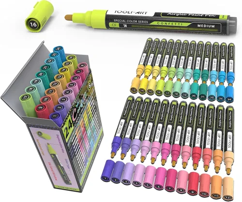 Juego de marcadores de pintura acrílica de 24 colores de confeti de 0.118 in, punta media, pintura roca, vidrio, tazas, madera, metal, lienzo,