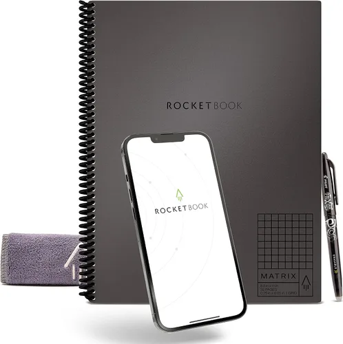 Rocketbook Matrix Smart - Cuaderno de papel cuadriculado reutilizable, conectado digitalmente, cuaderno isométrico, tamaño carta 8.5 x 11, gris
