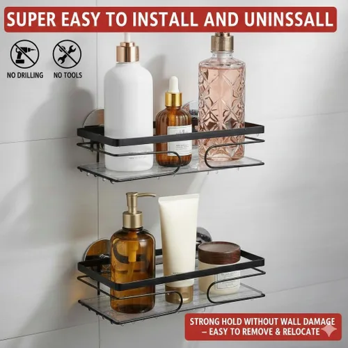 Miniatura 5 de Paquete de 2 estantes de ducha adhesivos, sin taladro, estante organizador de baño resistente al óxido para champú, jabón y artículos de tocador