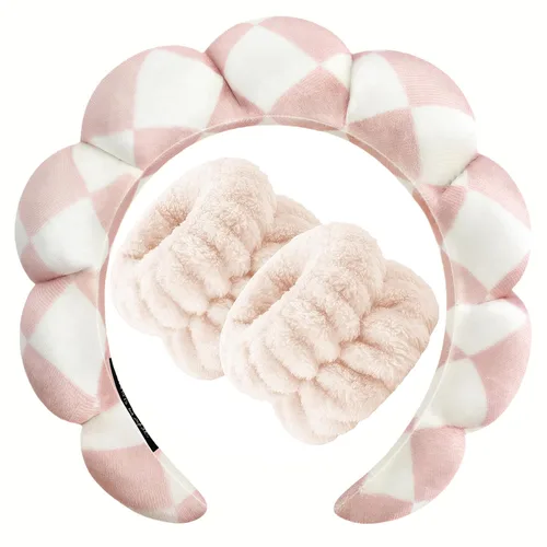 Miniatura 10 de Zkptops Diadema de Spa para Lavar la Cara Muñequera Esponja Maquillaje Cuidado de la Piel Diadema de Tela de Rizo Burbuja Suave Prepárate Diadema