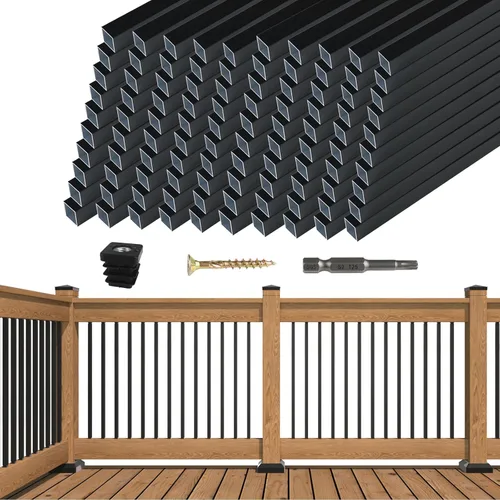 Miniatura 10 de Muzata Paquete de 50 balaustres cuadrados de aluminio de 36 pulgadas para barandilla de cubierta cuadrada negra para escalera, porche, escalera