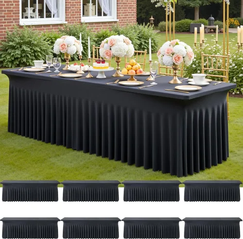 Miniatura 18 de Paquete de 2 manteles de spandex para mesas rectangulares de 8 pies, mantel elástico rosa de 8 pies, manteles ajustados, falda de mesa para fiestas