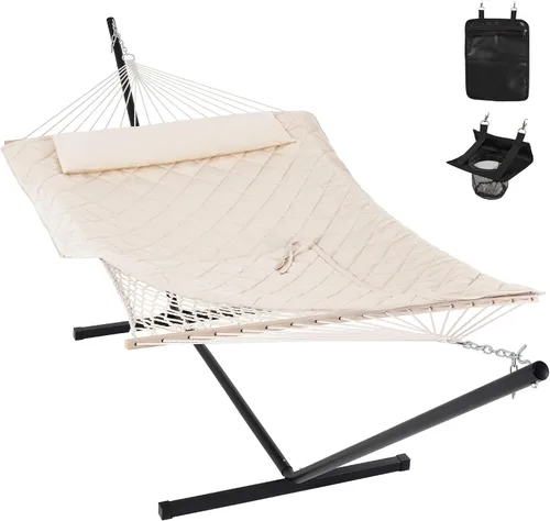 Miniatura 9 de ANOW Hamaca doble de cuerda con barra separadora de madera dura y bolsa de transporte, capacidad de peso de 450 libras para dos personas, natural