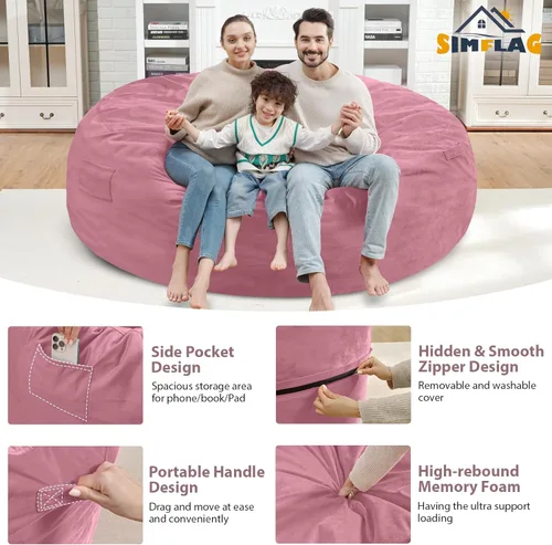 Miniatura 254 de Puf de 5 pies, puf grande con relleno de espuma viscoelástica, sofá puff esponjoso con funda de terciopelo holandés, puf redondo para sala de estar