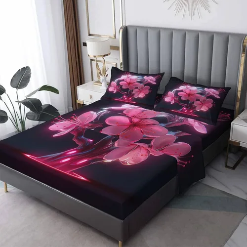 Miniatura 10 de Z9-&-189 - Juego de sábanas de 3 piezas con estampado de flor de cerezo en flor de cerezo, sábana bajera ajustable de microfibra suave con bolsillo