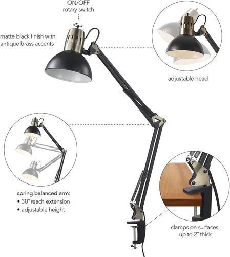 Miniatura 6 de Globe Electric 62000010 Lámpara de escritorio de 32" con múltiples articulaciones con abrazadera metálica, latón mate, acentos blancos, interruptor