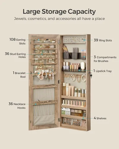Miniatura 44 de SONGMICS Gabinete colgante de joyería, gabinete de pared con luces interiores LED, organizador de joyas montado en la puerta, espejo de cuerpo Blanco