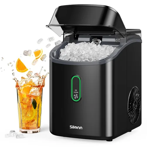 Miniatura 12 de Silonn Nugget Máquinas de Hielo para Encimera, Temporizador Máquina de Hielo de Guijarros con Hielo Suave Masticable, Máquina de Hielo de 44 libras