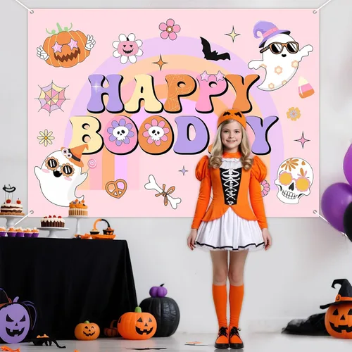 Miniatura 4 de Groovy - Decoración de fiesta de cumpleaños de Halloween, 7 x 5 pies, pancarta de fondo de feliz día de abucheo para niña, decoración bohemia arco
