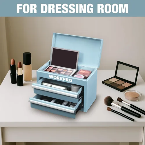 Miniatura 7 de WORKPRO Caja de herramientas mini de metal, cajonera superior con dos cajones con guías de rodamiento de bolas, forros de PVC para cajones y Azul
