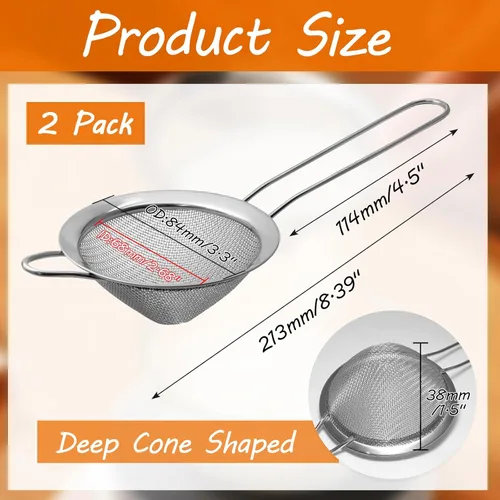 Miniatura 2 de Biaungdo 2 coladores de malla fina de 3.3 in/3.3 pulgadas, colador de té de acero inoxidable, coladores de malla cónica para cóctel, café