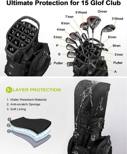 Miniatura 3 de Vancropak Golf Cart Bag, Golf Gifts for Men with 15 Way Divider Top, USB Charging Port, Waterproof Protective Rain Cover, Shoe Compartment, Cooler