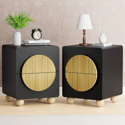 Miniatura 19 de Mesita de noche con 2 cajones de almacenamiento, mesa auxiliar moderna para dormitorio con asa recortada, mesitas de noche grandes para dormitorio