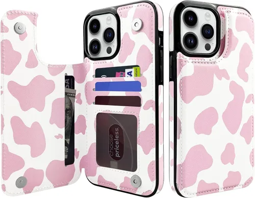 Miniatura 10 de Funda tipo cartera de piel con tapa compatible con iPhone 13 Pro Max de 6.7 pulgadas, para mujeres y niñas con tarjetero y doble cierre magnético
