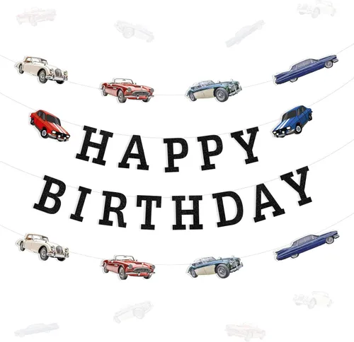 Cartel clásico de cumpleaños para automóvil, guirnalda clásica de coche de los años 90, decoración de cumpleaños de autos vintage convertibles,