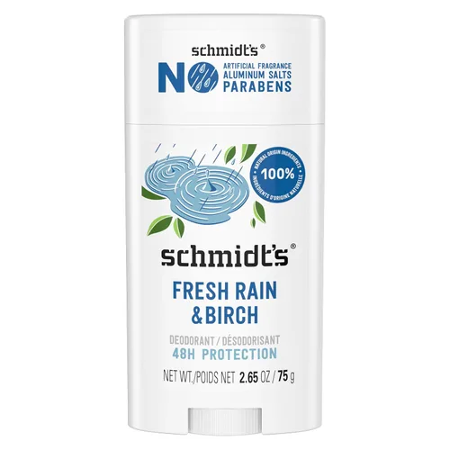 Schmidt's Desodorante vegano sin aluminio Fresh Rain & Birch con protección contra olores las 24 horas, para mujeres y hombres, ingredientes