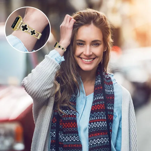 Miniatura 7 de Musk-MSKR Correas de metal con diamantes añaden brillo a tu reloj para Apple Watch Series 11/10/9/8/7/6/5/4/3/2/SE/Ultra Trébol Simple y elegante