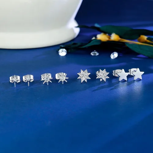Miniatura 5 de 4 Pairs White Gold Star Stud Earrings for Women Celestial Hypoallergenic Silver Stud Earrings Set for Sensitive Ears