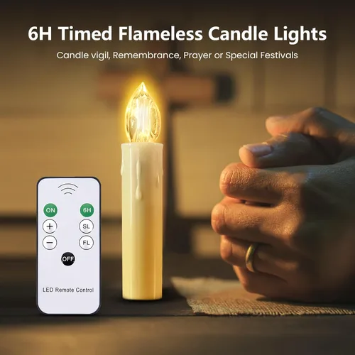 Miniatura 4 de JOSU Velas sin llama, 12 luces LED parpadeantes, funciona con pilas, con temporizador y clips remotos, velas cónicas de ventana blanca cálida