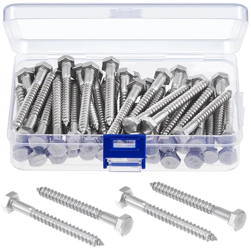 Blulu 60 tornillos de retraso de cabeza hexagonal de 1/4 pulgadas x 2-1/2 pulgadas, tornillos de retraso de acero inoxidable 304 para madera,