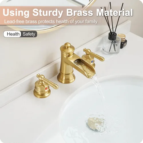 Miniatura 8 de Grifo de Baño Dorado Cascada, Grifos de Baño de Latón de 4-16 Pulgadas 3 Agujeros, Extendido 2 Manijas con Manguera de Agua Preinstalada y Desagüe