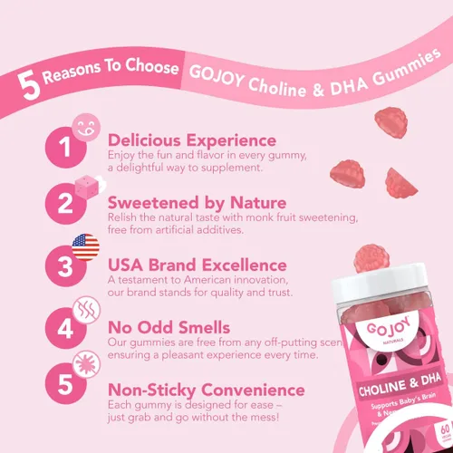 Miniatura 2 de GOJOY NATURALS Gomitas de colina prenatal y DHA - Suplemento vitamínico en gomitas desde la preconcepción hasta el posnatal para mujeres embarazadas