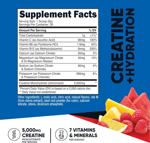 Miniatura 2 de Nutricost Monohidrato de creatina + hidratación sabor a ponche de frutas (30 porciones) – 7 vitaminas y minerales, 5000 mg de creatina por porción