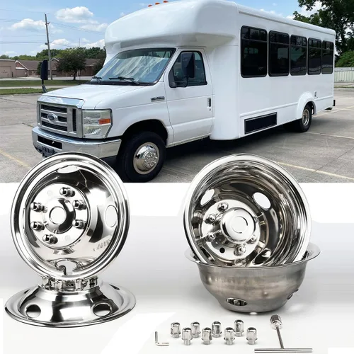 Miniatura 14 de Simulador de rueda doble de acero inoxidable pulido de 16", tapacubos atornillados de 4 piezas, cubierta de rueda de 8 tuercas y 8 agujeros de mano